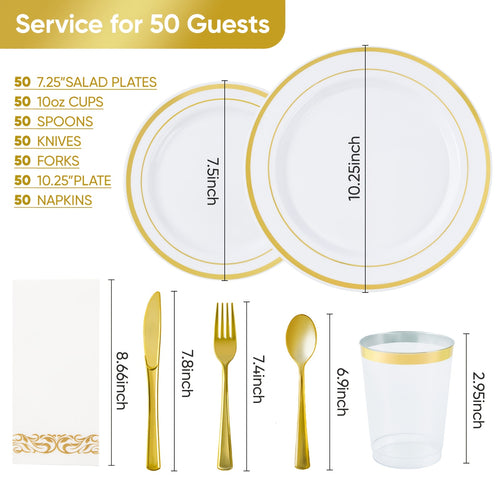 Disposable Plates for Parties 350/700 Piece Dinnerware Set with Dinner Plates, Salad Plates, Cups, Cutlery & Napkins – Gold & Silver for Wedding, Birthday, Graduation, Holiday Celebrations
