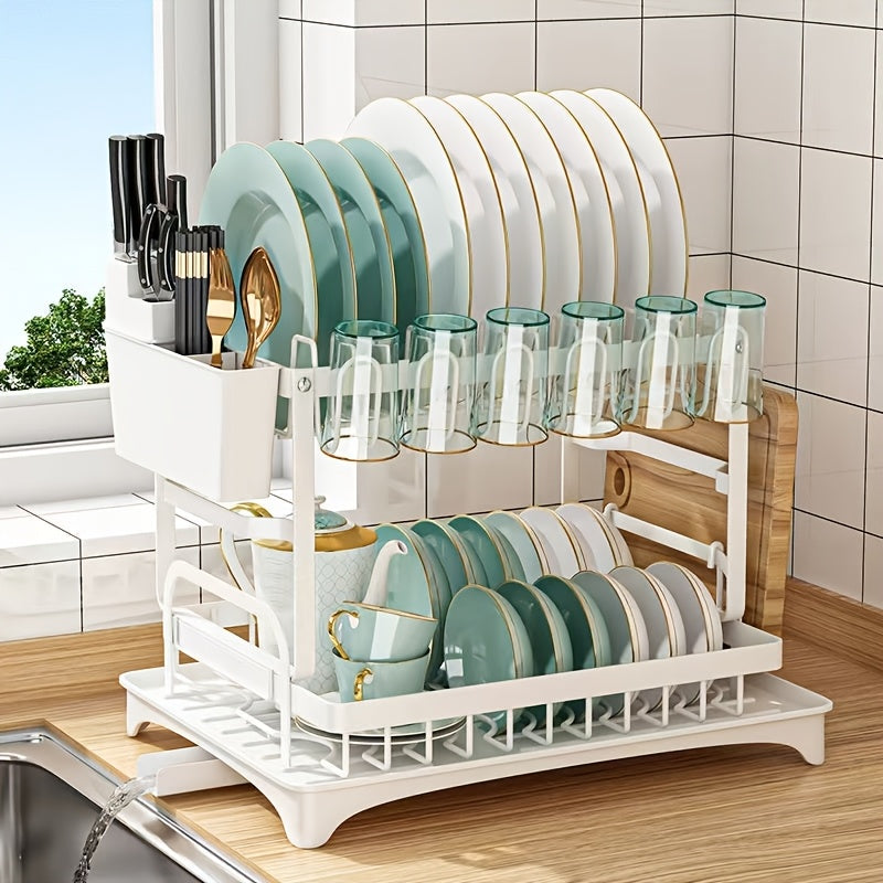2-Tier Dish Drying Rack Double Layer Rust Proof with Drain Tray Utensil Holder Kitchen Countertop Organizer for Plates Bowls Cups Cutlery Space Saving Kitchen Storage Black White