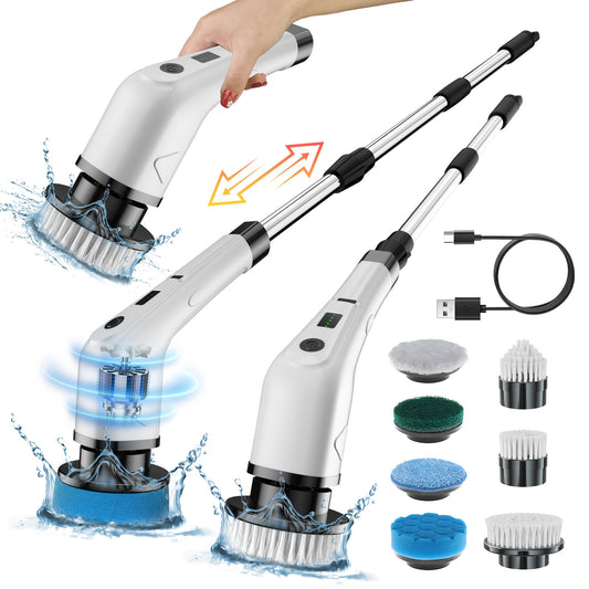 Electric Cleaning Brush with Telescopic Long Handle – 7-in-1 Multifunctional Spin Scrubber for Bathroom Tile Floor Kitchen Tub & Grout Cordless Power Scrubber Household Cleaning Tool