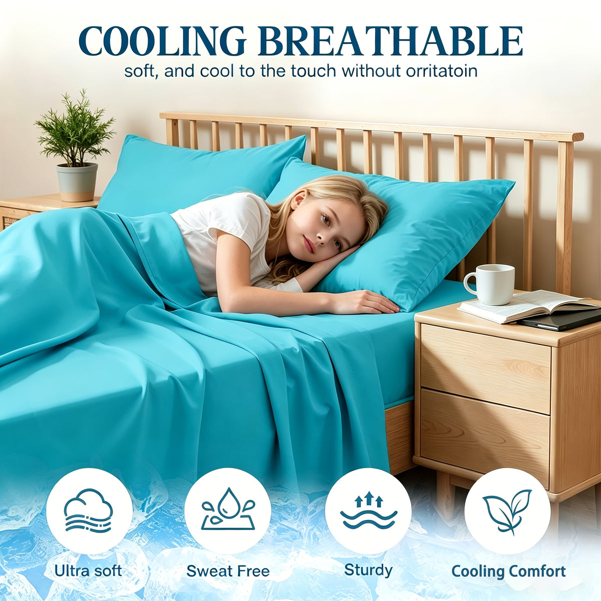 Ice-Cooling Bamboo Sheets Set Deep Pocket - Ultra Soft Breathable Skin-Friendly Fitted Sheet Flat Sheet & Pillowcases, Wrinkle-Free, All Season, Kids & Hot Sleepers, Twin Full Queen King