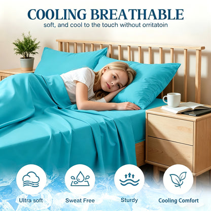 Ice-Cooling Bamboo Sheets Set Deep Pocket - Ultra Soft Breathable Skin-Friendly Fitted Sheet Flat Sheet & Pillowcases, Wrinkle-Free, All Season, Kids & Hot Sleepers, Twin Full Queen King