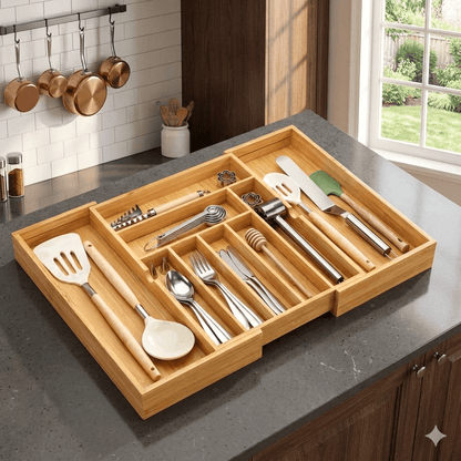 Expandable Bamboo Drawer Organizer 9-Compartment Adjustable Silverware Tray Cutlery Utensil Holder for Kitchen Bedroom Office Home Storage