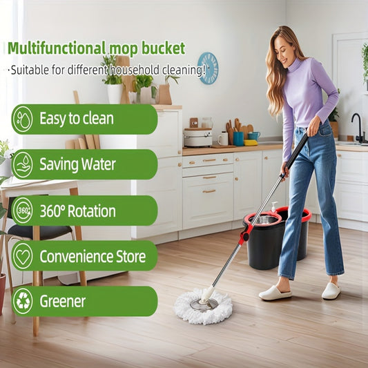 360 Spin Mop and Bucket Set with 3 Microfiber Replacement Heads – Adjustable Handle Floor Cleaning System for Home Bathroom School, Green or Black Red