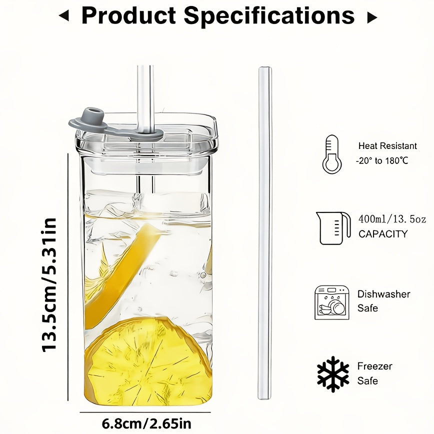 Borosilicate Glass Cups with Lid and Straw 4/6 Pack – Square Korean Style Drinking Glasses, BPA Free Leak Proof Transparent Tumblers for Coffee Juice Water, Multipurpose Kitchen Glassware Gift Set