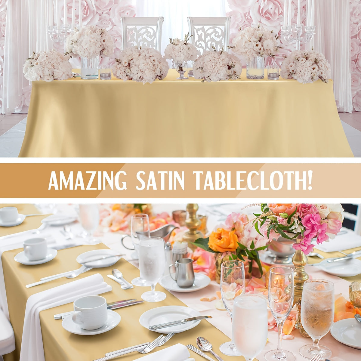 Satin Tablecloth 2-Pack 57x102 Inch Rectangular Smooth Fabric Table Cover - Elegant Tabletop Decoration for Wedding Banquet Birthday Party Outdoor Events - Polychrome Champagne Black Dark Green Rose Gold