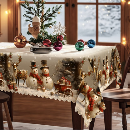 Christmas Tablecloth Vintage Snowman Reindeer & Christmas Tree Red, Durable Polyester Holiday Table Cover for Rectangular Round Oval Tables, Festive Xmas Party Home Restaurant Decoration