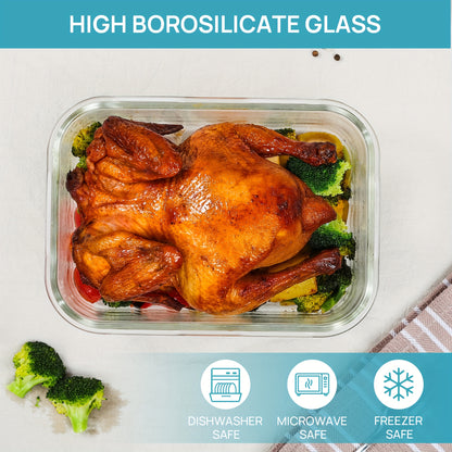 Large Glass Baking Dish Set 2 Pack 63oz/1860ml – Borosilicate Glass Food Storage Containers with Snap Airtight Lids, Oven Microwave Freezer Dishwasher Safe, Leak-Proof Meal Prep Containers