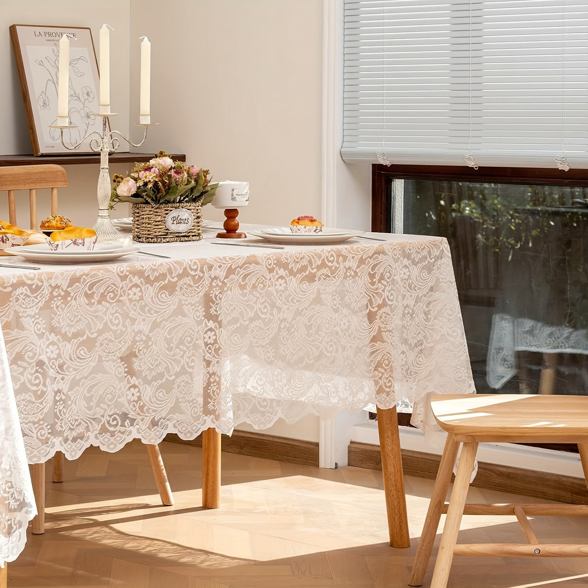 Lace Tablecloth Rectangular Floral Embroidered Wedding Dinner Table Cover - White & Black, Multiple Sizes, Polyester Machine-Made Holiday Home Decor