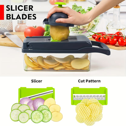 Vegetable Chopper 16-in-1 with 8 Blades & Container – Professional Onion Dicer & Multifunctional Food Slicer for Effortless Kitchen Prep, Dishwasher-Safe, Time-Saving Meal Prep Tool