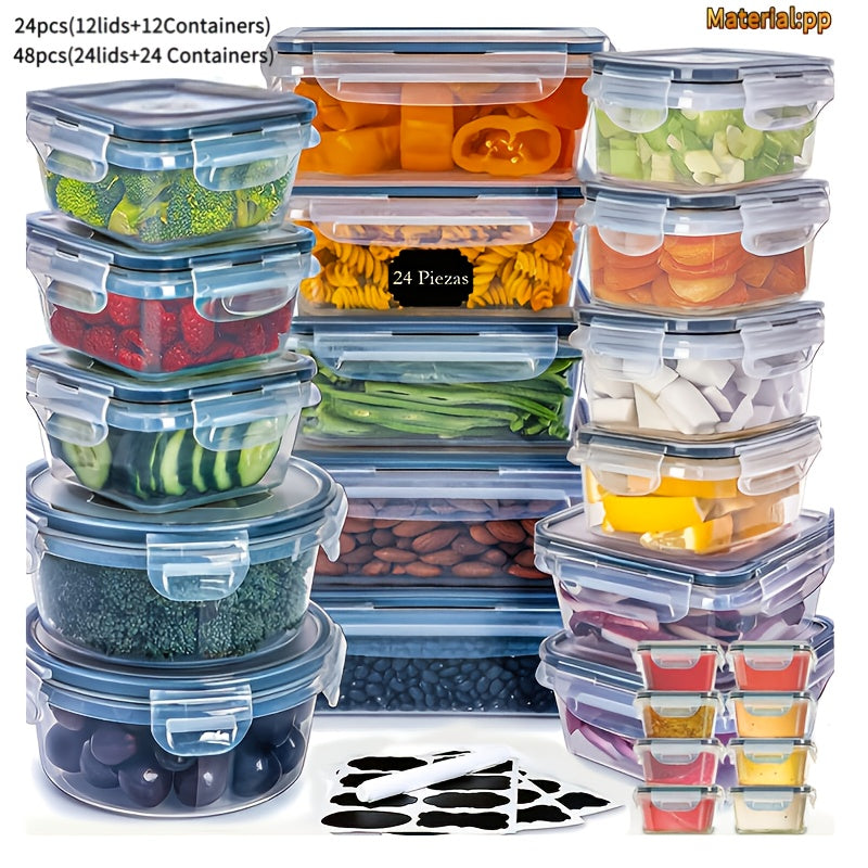 Airtight Food Storage Containers 48pcs Set – 24 Round Containers with Buckle Lids, Stackable Meal Prep Lunch Boxes with Marker & Labels, Large Capacity Plastic Food Containers for Kitchen Pantry Picnic Party