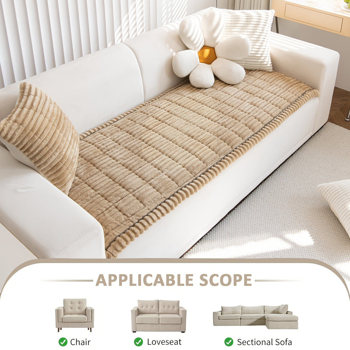Sofa Cover Plush Velvet - Washable Stretch Couch Cover with Wavy Edge, Soft Shu Velveteen Sofa Protector for 1 2 3 4 Seater, Easy Install Furniture Cover in White Khaki Gray