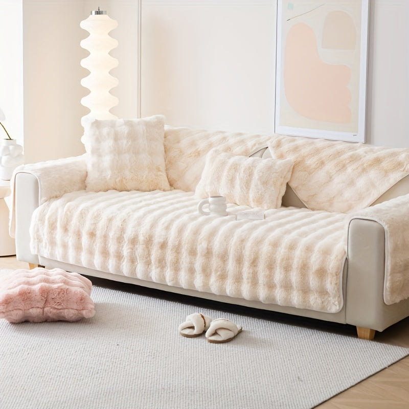 Faux Rabbit Plush Sofa Cover Winter Warm Thickened Anti-Slip Furniture Protector – Soft Pet-Friendly Couch Cover for Living Room Bedroom Office, 4 Colors