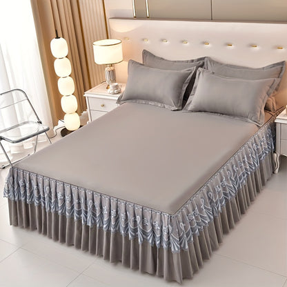 Macrame Bed Skirt Set 3 Piece with Pillowcases – Double Layer Lace Non-Slip Bedding for Twin Full Queen King, All Seasons, Red Grey Navy Purple