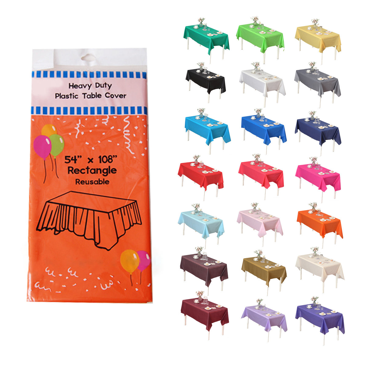 Disposable Plastic Tablecloth 12-Pack – Heavy Duty Table Cover for Parties, 84" Round & 54"x108" Rectangle, 22 Colors for Kitchen Dining Outdoor Events