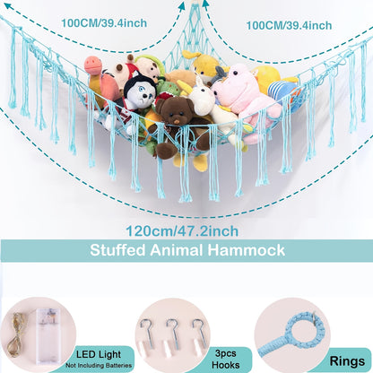 Stuffed Animal Hammock with LED Lights Corner Toy Net Organizer for Kids Bedroom Nursery Plush Toy Storage Hanging Mesh Bag