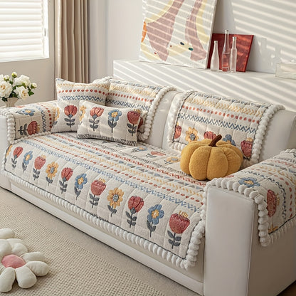 Bohemian Floral Plush Sofa Cover Thick Milk Fleece Couch Protector for 2 3 4 Seater Machine Washable Quilted Sofa Slipcover with Decorative Pillow Covers Warm Cozy Living Room Sofa Accessory White