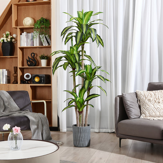Artificial Dracaena Tree in Pot, 4ft 5ft 6ft Realistic Faux Tropical Floor Plant for Indoor Outdoor Home Office Living Room Porch Decor, Easy Assembly All Season Fake Plant with Container, Housewarming Gift