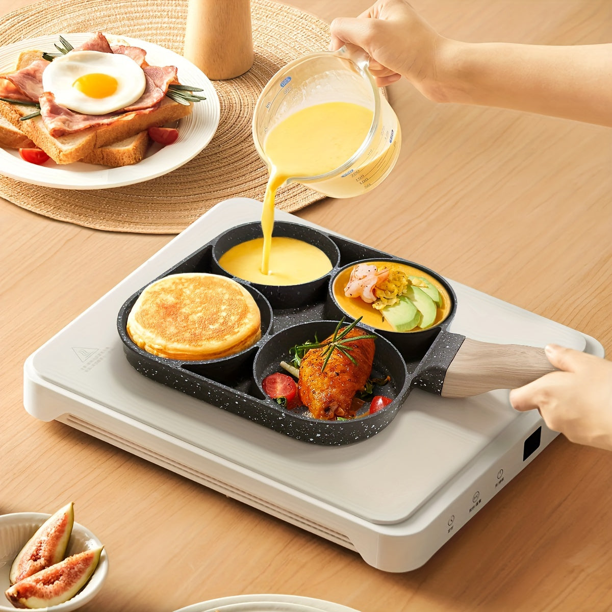 Non-Stick Breakfast Skillet Set – 4-Hole Egg Pan & 5-Piece Cookware Set with Heat-Resistant Wooden Handle for Eggs, Burgers & Omelettes, Easy Clean, Perfect for Home Kitchen Cooking