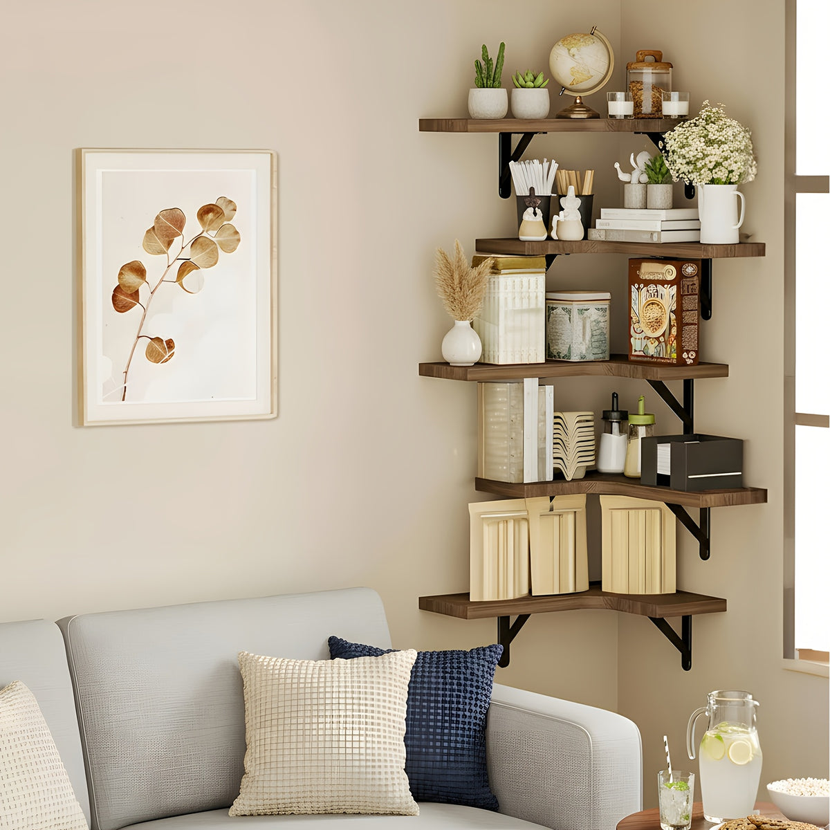 Corner Floating Shelves Rustic Wood 5 or 6 Piece Wall Mounted Heavy Duty Space Saving Storage Shelf for Bathroom Kitchen Bedroom Living Room, Easy Install 8 Colors