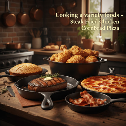 Cast Iron Cookware Set for Kitchen & Camping, Non-Stick Skillets Dutch Oven Griddle & Pizza Pan, Works on Induction & Open Fire, Even Heat Distribution, 500°F Oven Safe, BBQ & Outdoor Cooking