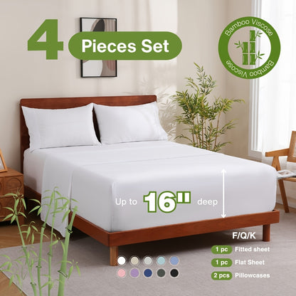 Bamboo Bed Sheet Set 4 Piece - 2000TC Cooling Sheets Deep Pocket 16 Inch, Luxury Soft Hotel Quality Fitted Sheet Flat Sheet Pillowcases, Wrinkle Shrink Resistant, Twin Full Queen King