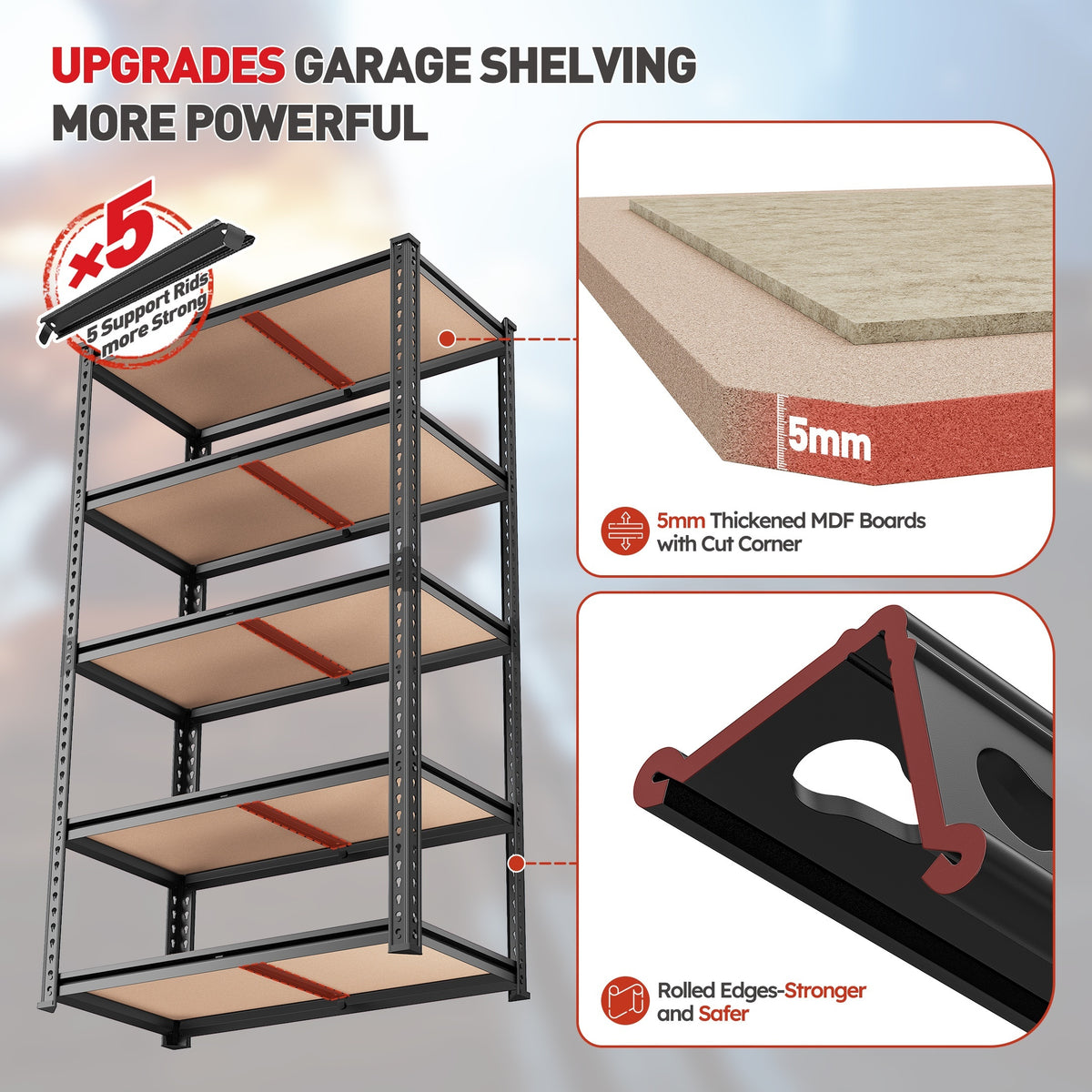 5-Tier Garage Shelving Unit 2000LBS Heavy Duty Metal Storage Shelves – Adjustable Steel Rack 72"H x 35.5"W x 15.8"D for Garage Basement Pantry Closet Warehouse, No Bolts Quick Assembly, Black