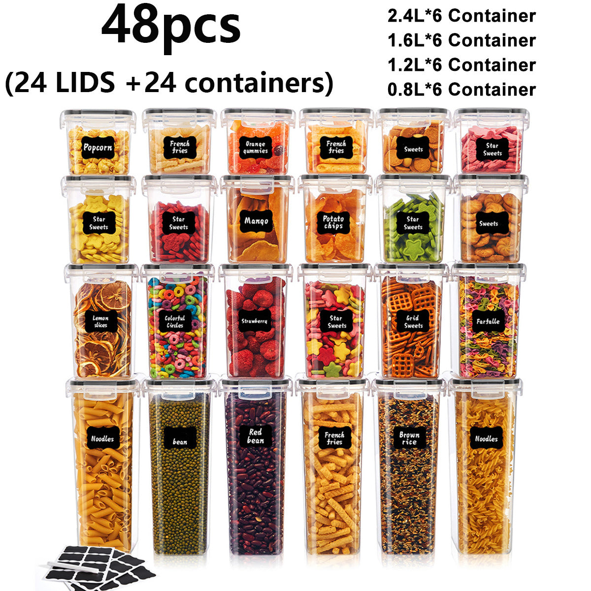 Airtight Kitchen Canisters Set with Lids – 24 30 48 60 Piece Pantry Storage Containers for Food Grain Cereal & Dry Goods, Pest-Proof Flip-Top Jars for Kitchen Organization, BPA-Free
