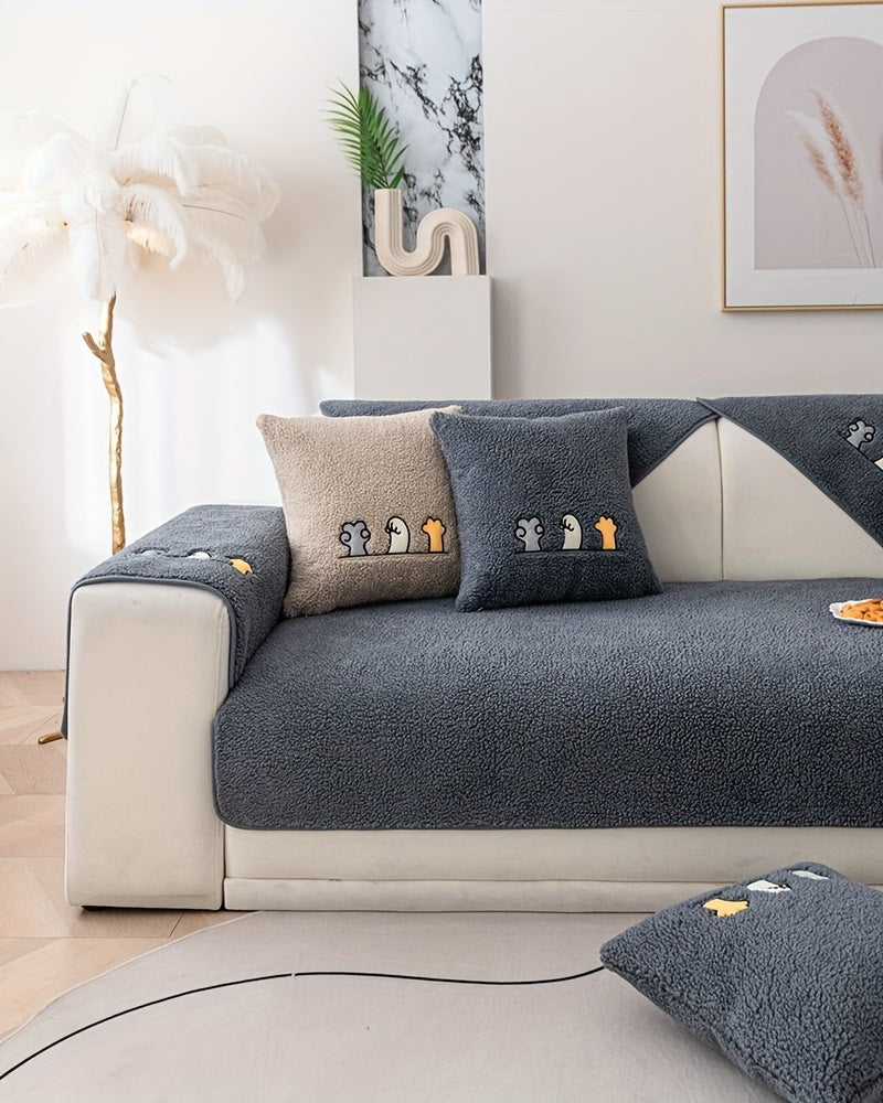 Sofa Cover Plush Shearling Non-Slip Pet-Friendly – Thick Couch Protector with Animal Bone Embroidery for 2 3 4 Seater, Soft Warm Slipcover for Living Room Bedroom Office in Dark Gray Off White Coffee Black
