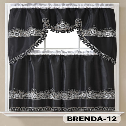 Kitchen Curtains Set 3 Piece with Embroidery – Satin Fabric Valance and Tier Curtains for Kitchen Windows, 49 Colors, Light Filtering, Rod Pocket, Machine Washable