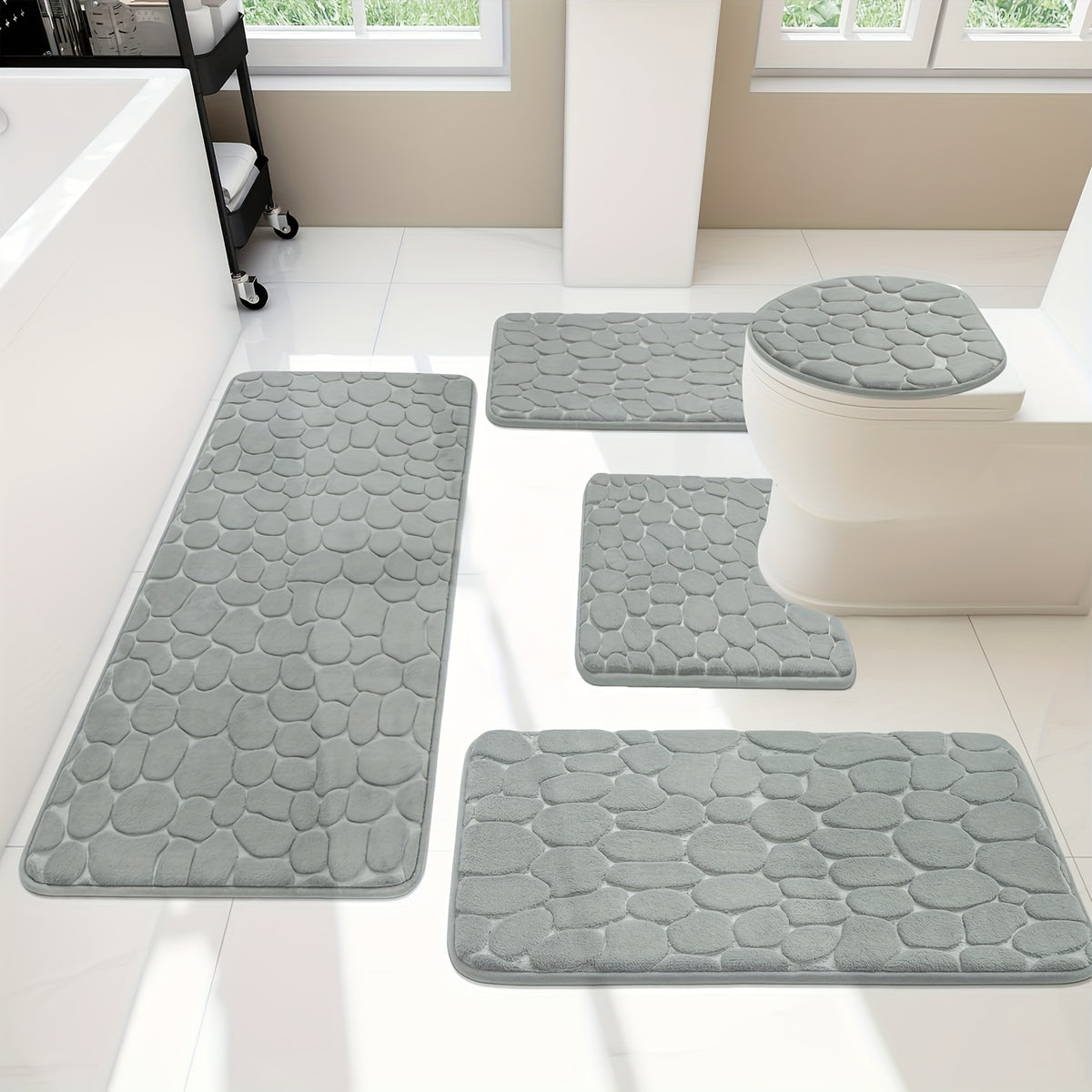 Memory Foam Bathroom Rug Set 5-Piece - Plush Non-Slip Super Absorbent Bath Mats for Sink Bathtub Shower Toilet, Machine Washable Quick-Dry Luxury Soft Sponge Bath Rug Set Black Gray Pink Khaki