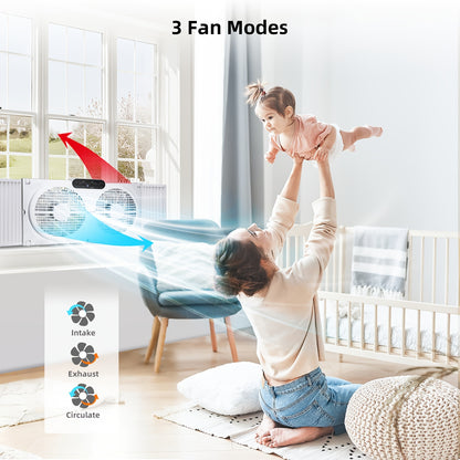 Twin Window Fan with 9-Inch Blades 2-Speed Settings, Dual Window Fan Expandable Width Manual Control for Bedroom Living Room Home Office, Reversible Airflow Window Cooling Fan