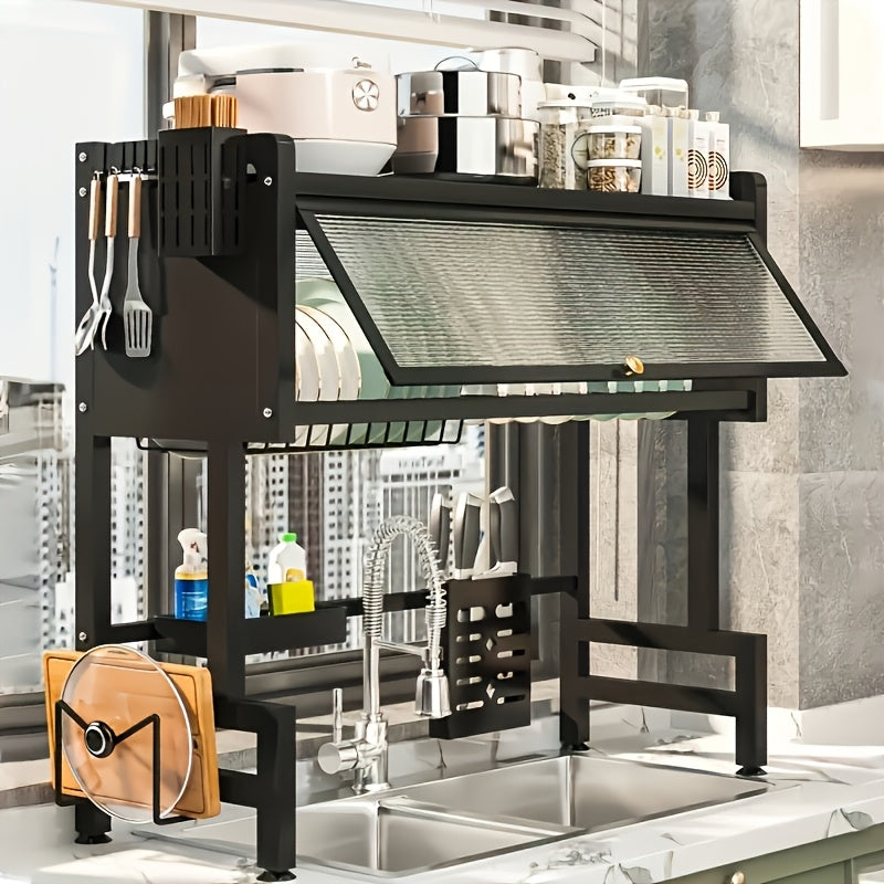 Dish Drying Rack for Kitchen Counter, Multi-Layer Countertop Dish Rack with Dust Cover, Large Capacity Organizer for Dishes Cups Utensils, Space Saving Kitchen Drying Rack in Black