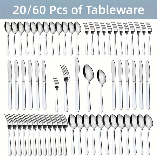 Commercial Grade Silverware Set 20/60pcs 304 Stainless Steel Heavy Duty Flatware Dishwasher Safe Rust Proof Non-Toxic Bulk Tableware with Gift Box for Restaurant Wedding Home