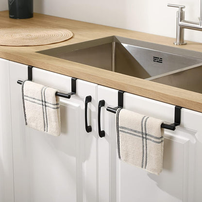 Cabinet Door Towel Bar 2 Pack Stainless Steel Over the Door Hand Towel Hanger – No Drill Dishcloth Rack for Kitchen Bathroom Cupboard Cabinet – Black Silver Towel Holder
