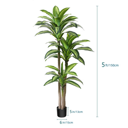 Artificial Dracaena Tree in Pot, 4ft 5ft 6ft Realistic Faux Tropical Floor Plant for Indoor Outdoor Home Office Living Room Porch Decor, Easy Assembly All Season Fake Plant with Container, Housewarming Gift