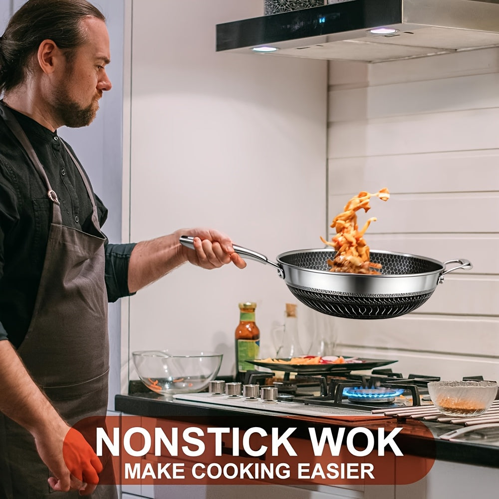 Non-Stick Wok with Lid 13.3 Inch Stainless Steel Honeycomb Coating, Stir Fry Pan with 2 Cookware Accessories, Works on Gas Induction Electric Ceramic Stovetop, Home Kitchen Cooking Pan