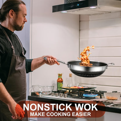 Non-Stick Wok with Lid 13.3 Inch Stainless Steel Honeycomb Coating, Stir Fry Pan with 2 Cookware Accessories, Works on Gas Induction Electric Ceramic Stovetop, Home Kitchen Cooking Pan