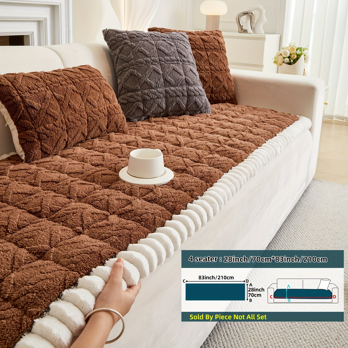 Bohemian Sofa Cover Quilted Plush with Ruffles – Machine Washable Couch Protector for Pets, Anti-Slip Furniture Cover for Armchair Loveseat 3 4 Seater Sofa