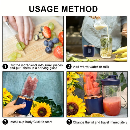 Portable Blender Juicer Double Cup USB Rechargeable 1500mAh, Personal Mini Blender for Fruit & Vegetable Smoothies, Food Grade ABS, Compact Travel Juicer with Gift Box – Pink, Blue or White