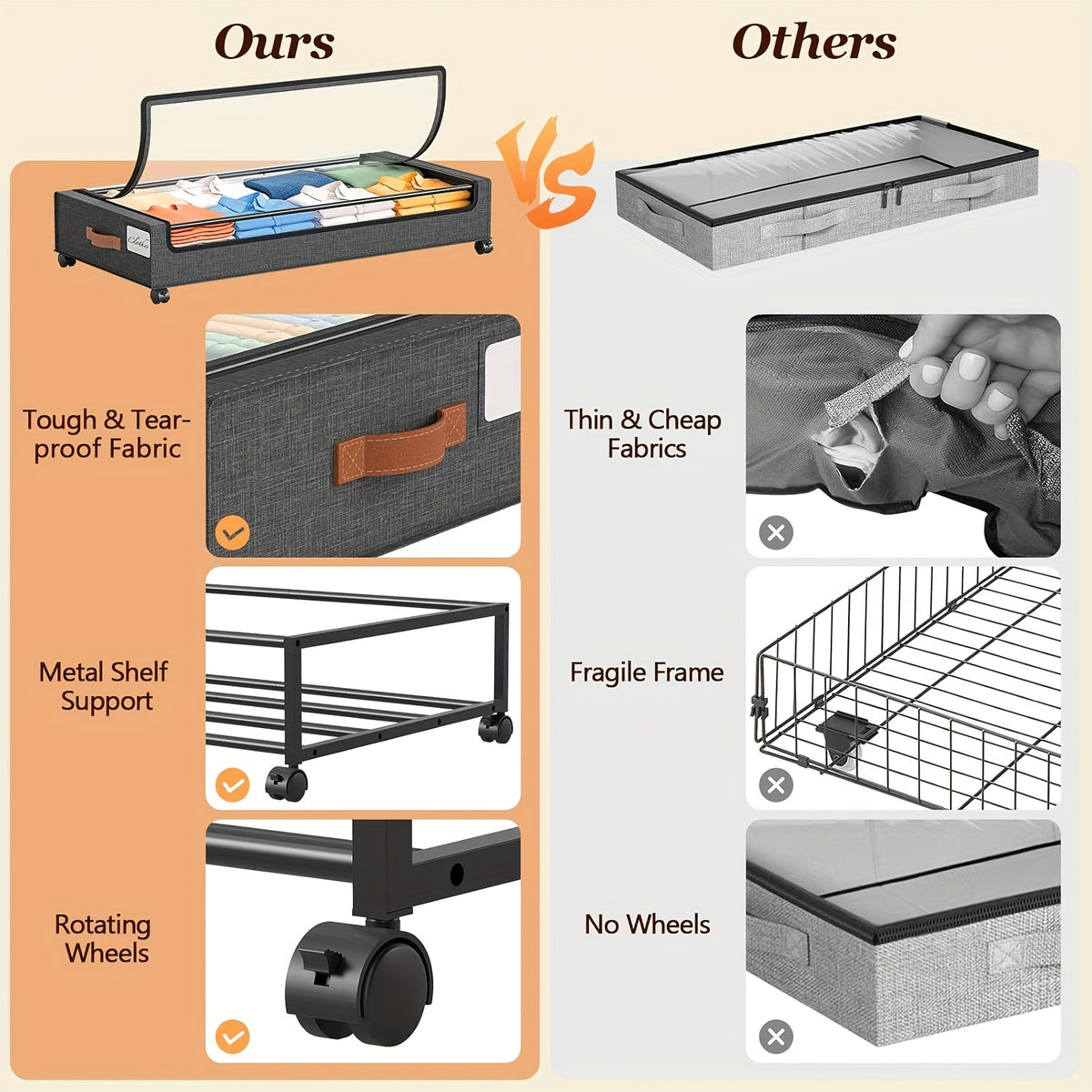 Under Bed Storage Boxes with Wheels 2-Pack - Sliding Wheeled Under Bed Organizer with Metal Drawer for Clothes, Shoes, Blankets, Bedding - Space Saving Bedroom Storage Solution, Black & Gray Options