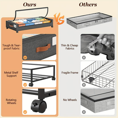 Under Bed Storage Boxes with Wheels 2-Pack - Sliding Wheeled Under Bed Organizer with Metal Drawer for Clothes, Shoes, Blankets, Bedding - Space Saving Bedroom Storage Solution, Black & Gray Options