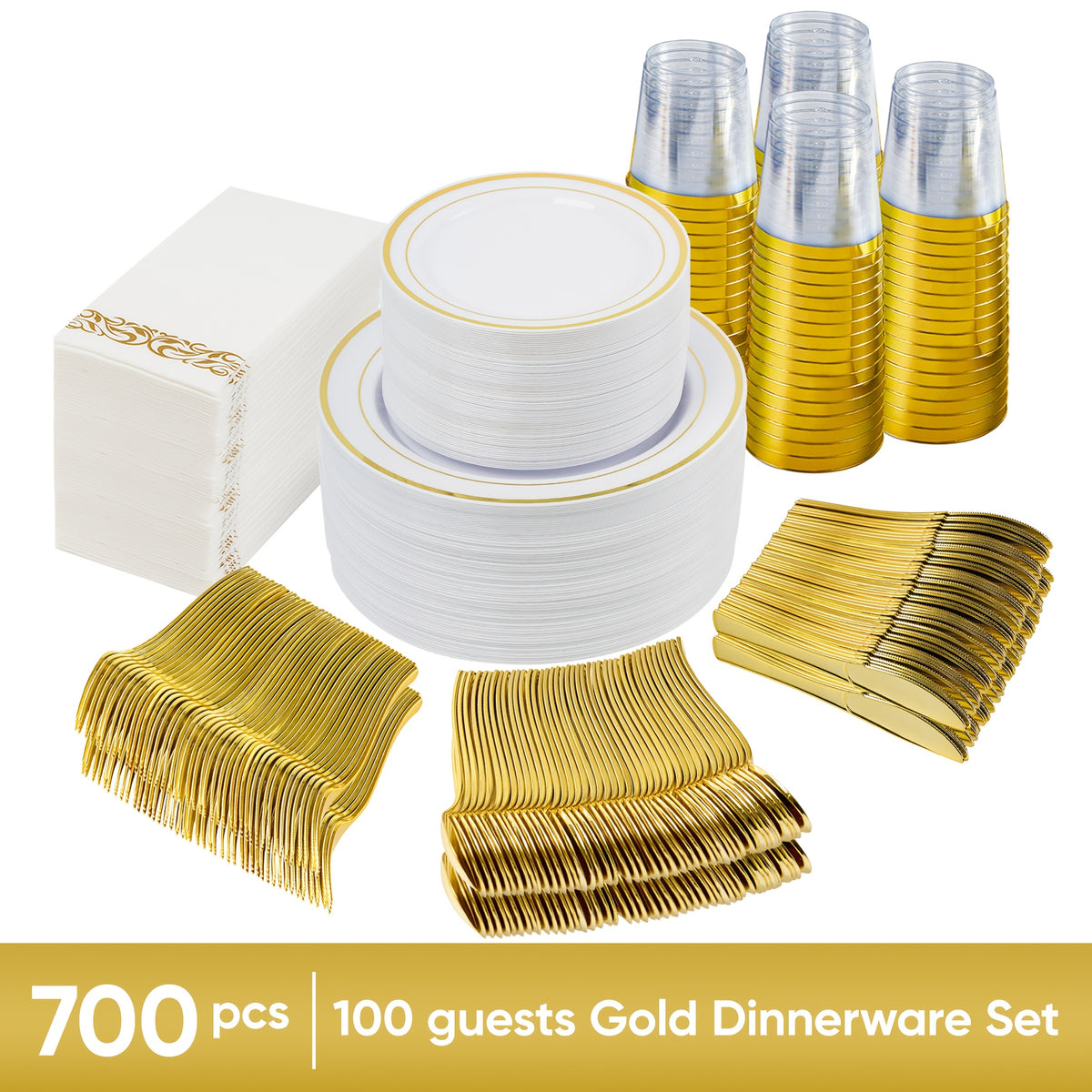 Disposable Plates for Parties 350/700 Piece Dinnerware Set with Dinner Plates, Salad Plates, Cups, Cutlery & Napkins – Gold & Silver for Wedding, Birthday, Graduation, Holiday Celebrations