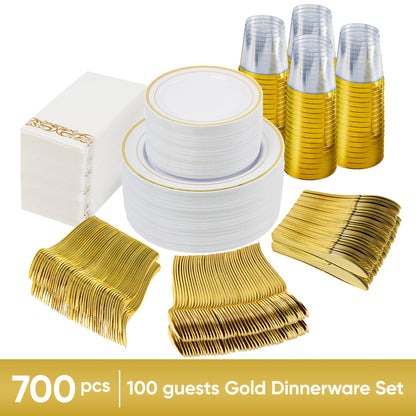 Disposable Plates for Parties 350/700 Piece Dinnerware Set with Dinner Plates, Salad Plates, Cups, Cutlery & Napkins – Gold & Silver for Wedding, Birthday, Graduation, Holiday Celebrations