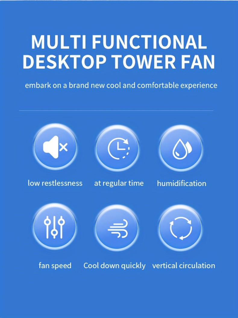 Desktop Bladeless Fan USB Powered – Water Mist Cooling Tower Fan with Remote Control, Touch Screen, 7-Color LED Light, Timer & Auto Shutdown, Portable for Office Home Travel Camping, Blue or White