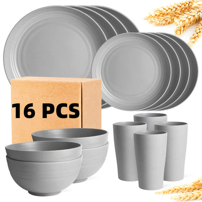 Wheat Straw Dish Set for 4 or 8 – 16 or 32 Piece Unbreakable Dinnerware Set with Dinner Plate, Dessert Plate, Cereal Bowl & Cup, Dishwasher Safe Lightweight Tableware for Camping, Everyday Use & Gifts