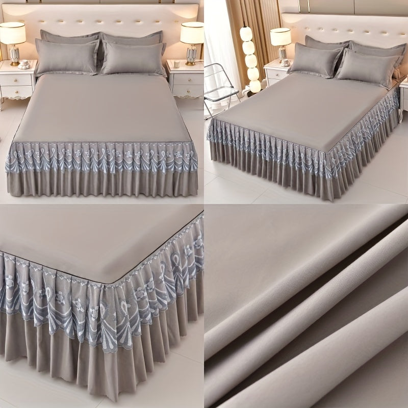 Macrame Bed Skirt Set 3 Piece with Pillowcases – Double Layer Lace Non-Slip Bedding for Twin Full Queen King, All Seasons, Red Grey Navy Purple