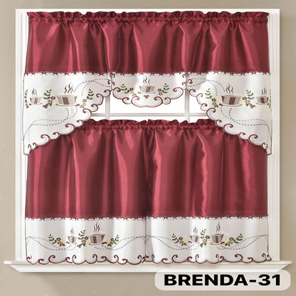 Kitchen Curtains Set 3 Piece with Embroidery – Satin Fabric Valance and Tier Curtains for Kitchen Windows, 49 Colors, Light Filtering, Rod Pocket, Machine Washable