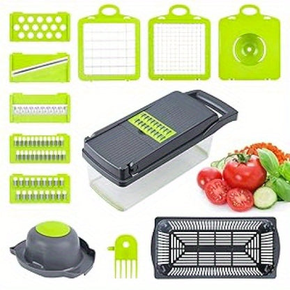 16-in-1 Manual Vegetable Chopper Set with 8 Blades, Container, Grater & Strainer – Professional Onion, Carrot & Garlic Slicer for Easy Cooking