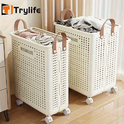 Laundry Basket with Wheels Extra Large Foldable - Breathable Rolling Laundry Hamper with Faux Leather Handles, Collapsible Space-Saving Clothes Storage Bin for Bathroom, Bedroom & Dorm, White Cream