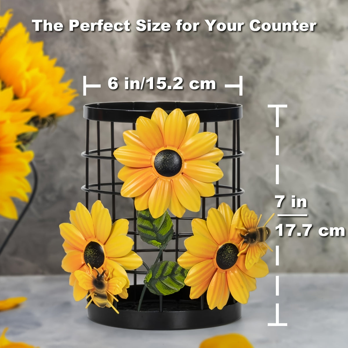 Sunflower Flatware Storage Basket Kitchen Countertop Organizer, Open Utensil Holder Caddy for Silverware Spoons Forks Knives, Farmhouse Kitchen Decor Storage & Organization